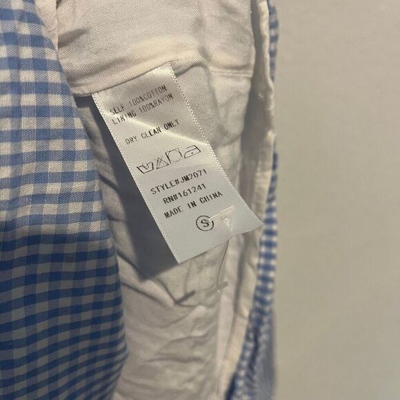 J. Marie Blue GIngham Plaid Lace Embroidered Tiered Mini Dress Womens Size Small - Picture 6 of 6